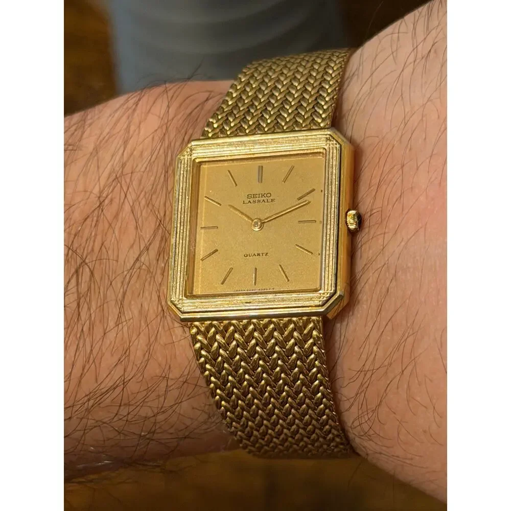 Seiko Lassale Quartz Gold Tone Rectangular Watch Mesh Bracelet